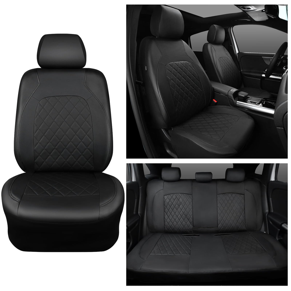 Faux Leather Car Seat Covers Full Set, Airbag Compatible, Breathable, All Black E573309