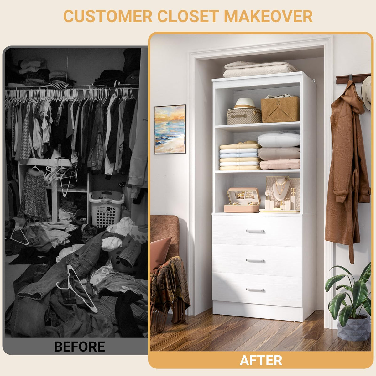 23.6" White Closet Drawers System with 3 Drawers L339