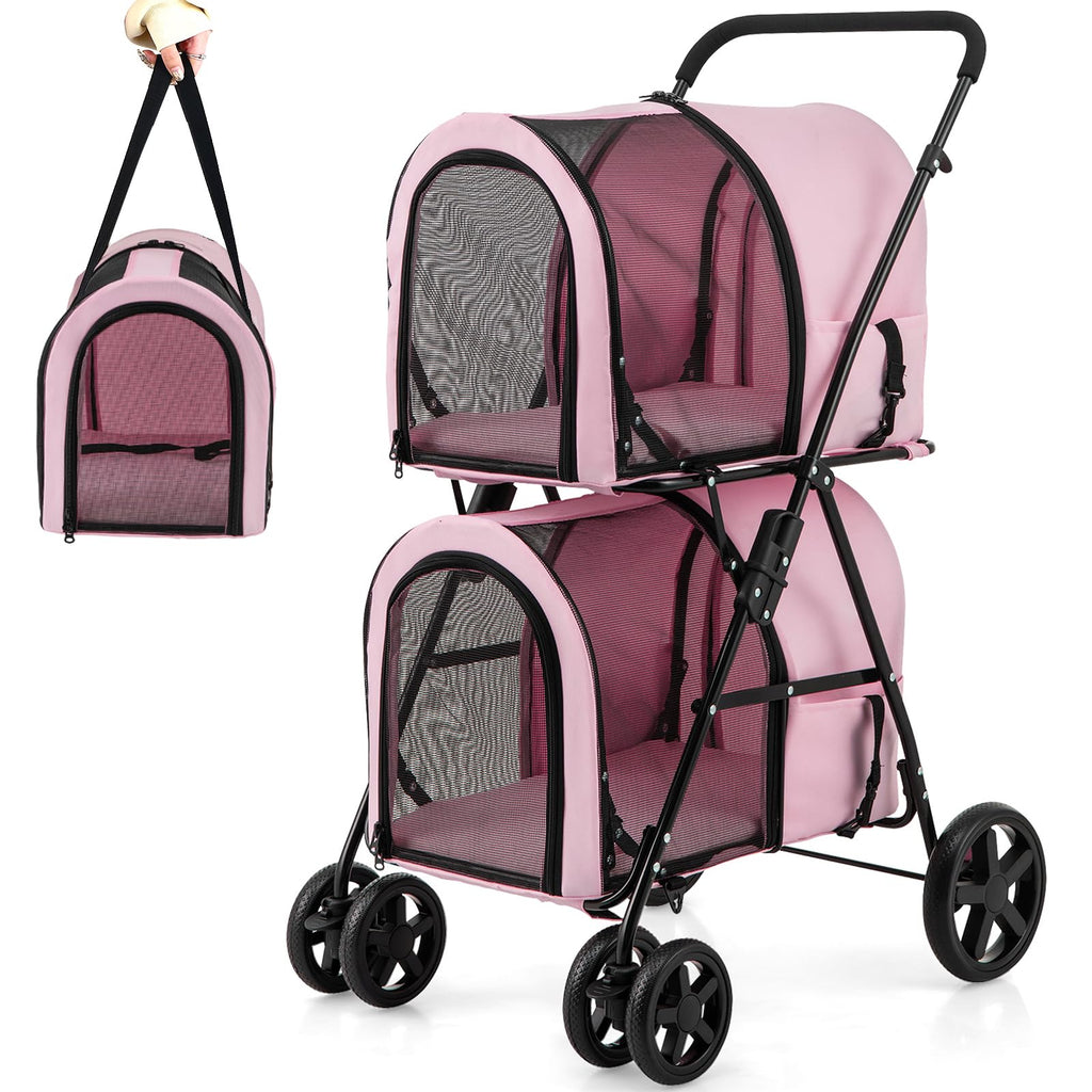 Double Pet Stroller with 2 Detachable Carrier Bags Pink N81255