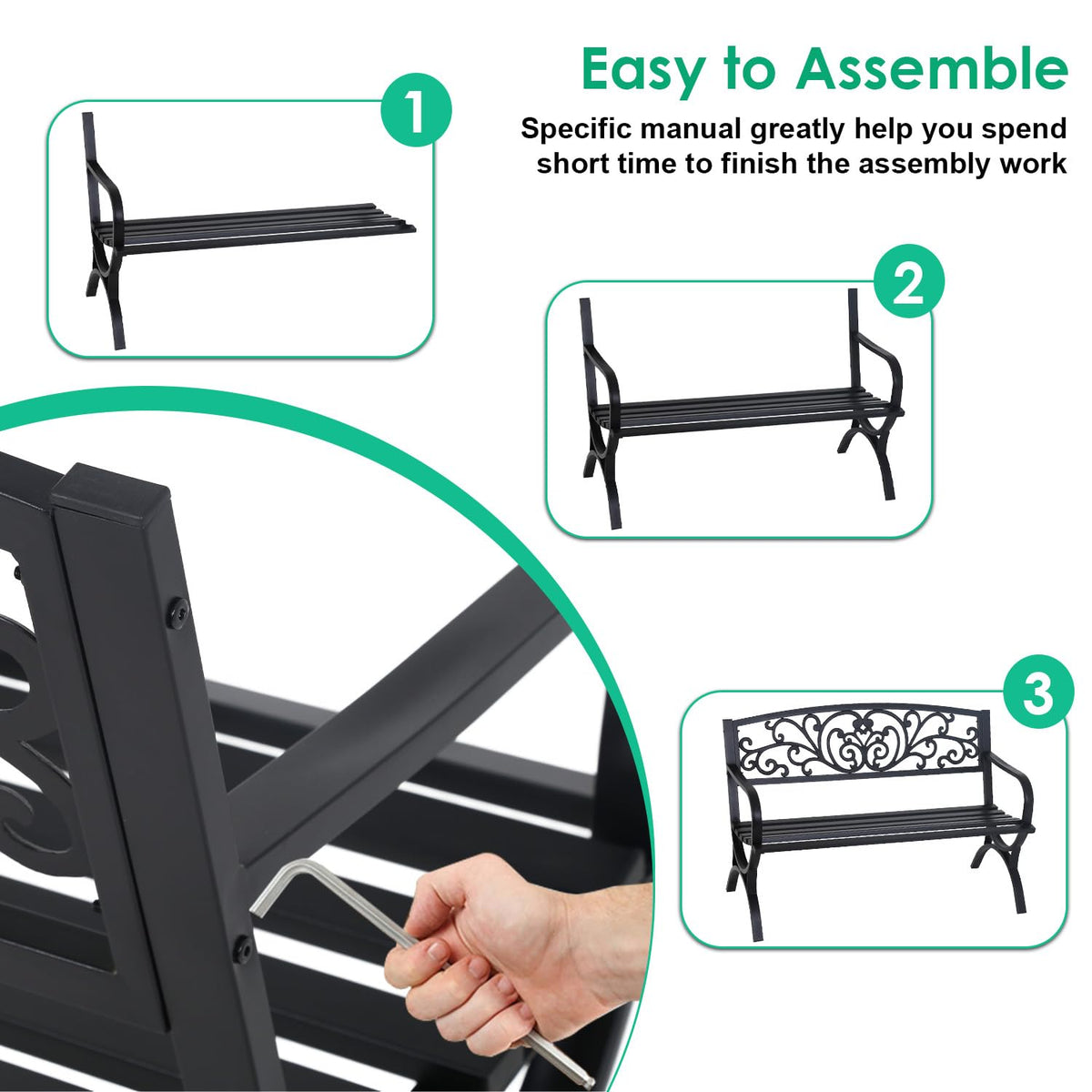 50" Outdoor Garden Bench Black 485lbs Load Capacity Q178