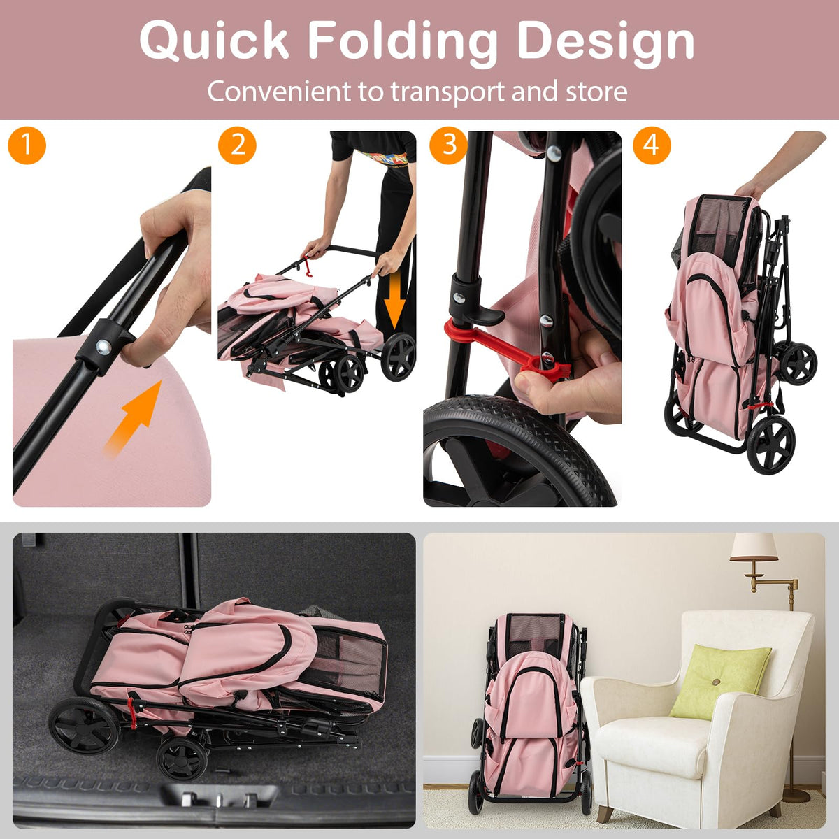 Double Pet Stroller with 2 Detachable Carrier Bags Pink N81255