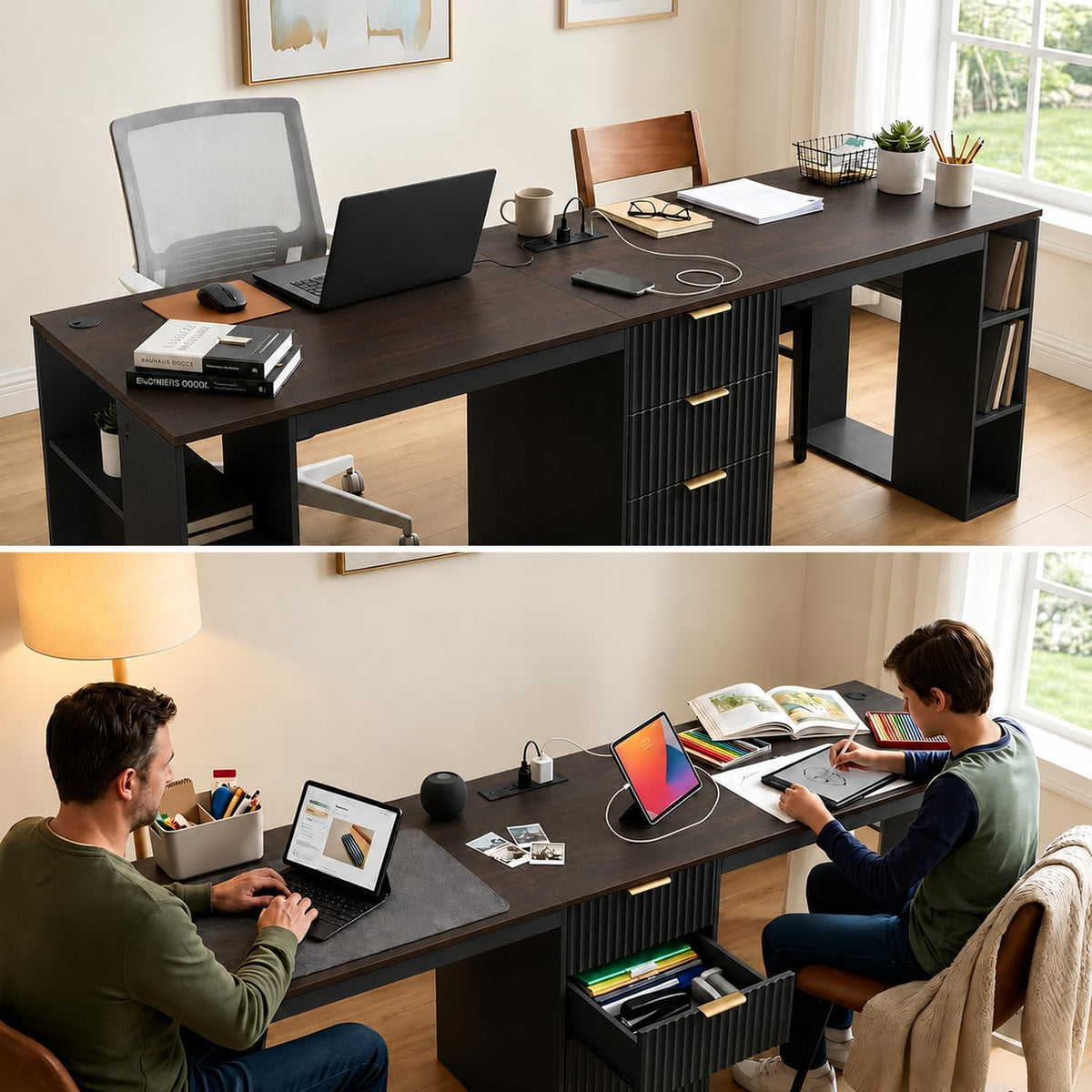 Black 2 Person Desk with Power Outlet and USB Ports D5754