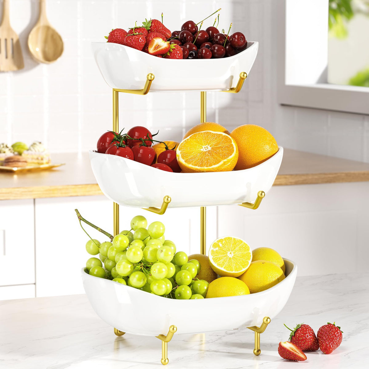 3 Tier Ceramic Fruit Bowl with Metal Stand M99222