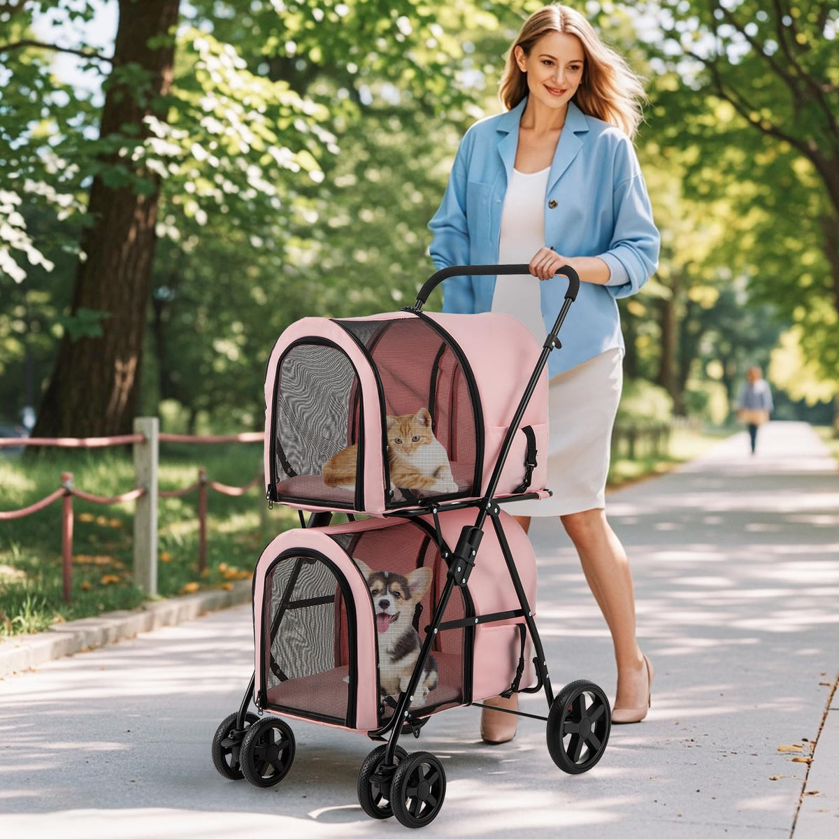 Double Pet Stroller with 2 Detachable Carrier Bags Pink N81255