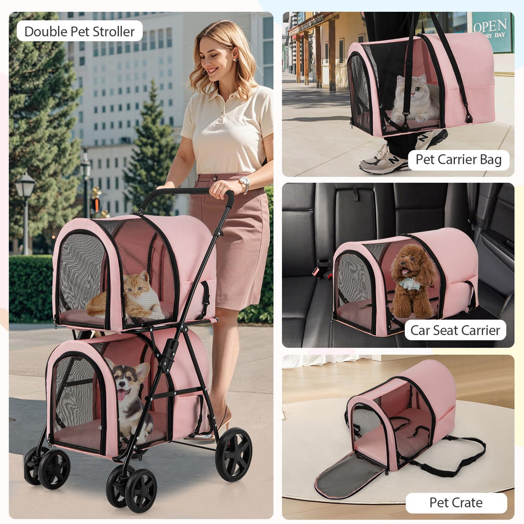 Double Pet Stroller with 2 Detachable Carrier Bags Pink N81255