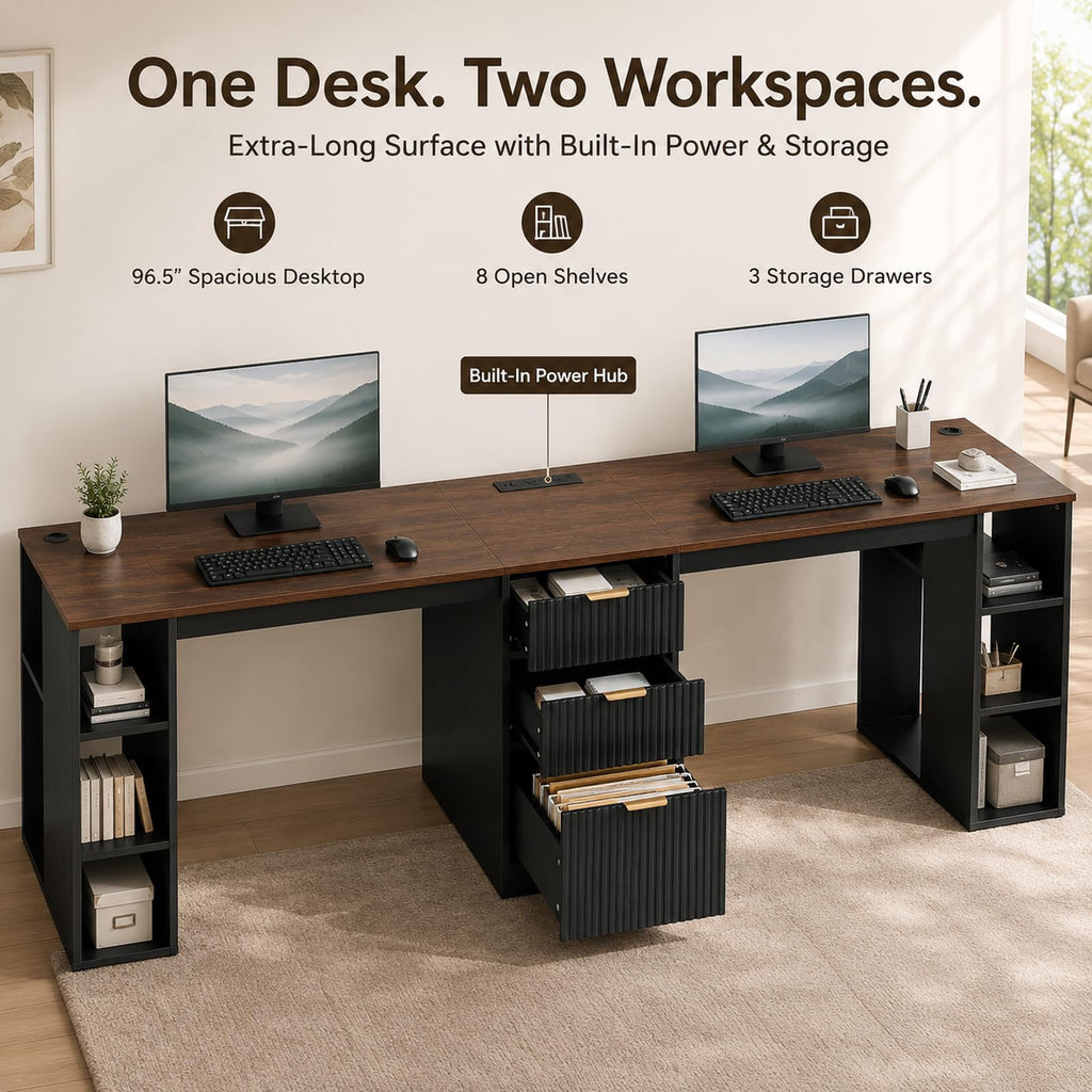 Black 2 Person Desk with Power Outlet and USB Ports D5754