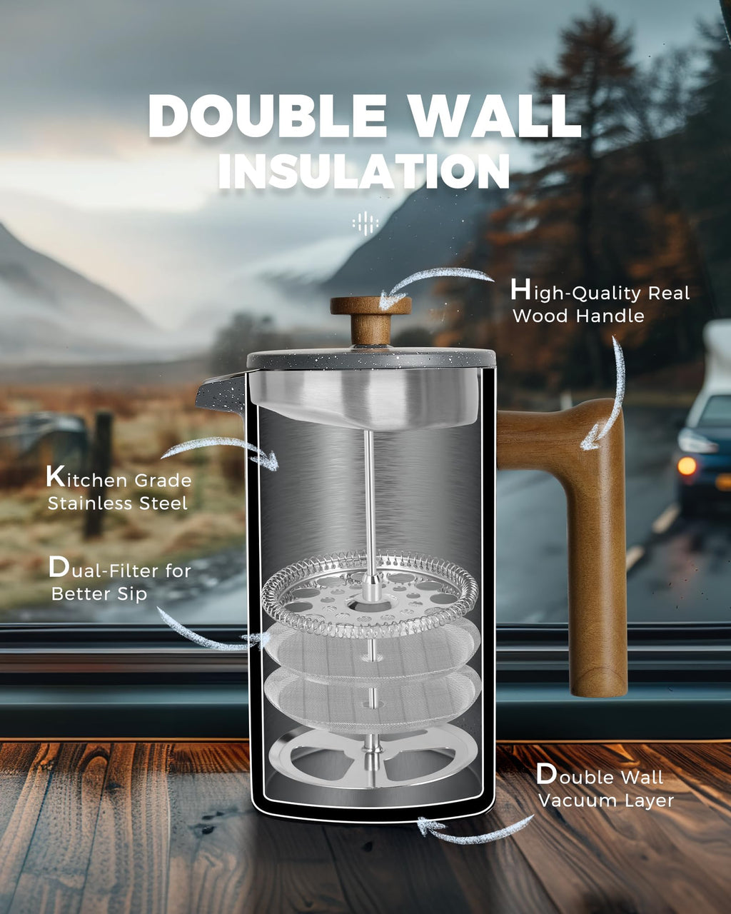 34 Ounce Double Wall Insulation French Press Coffee Maker X645