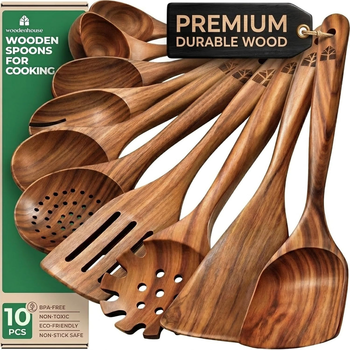 10 Pcs Non Toxic Teak Wooden Kitchen Utensils Set B476097