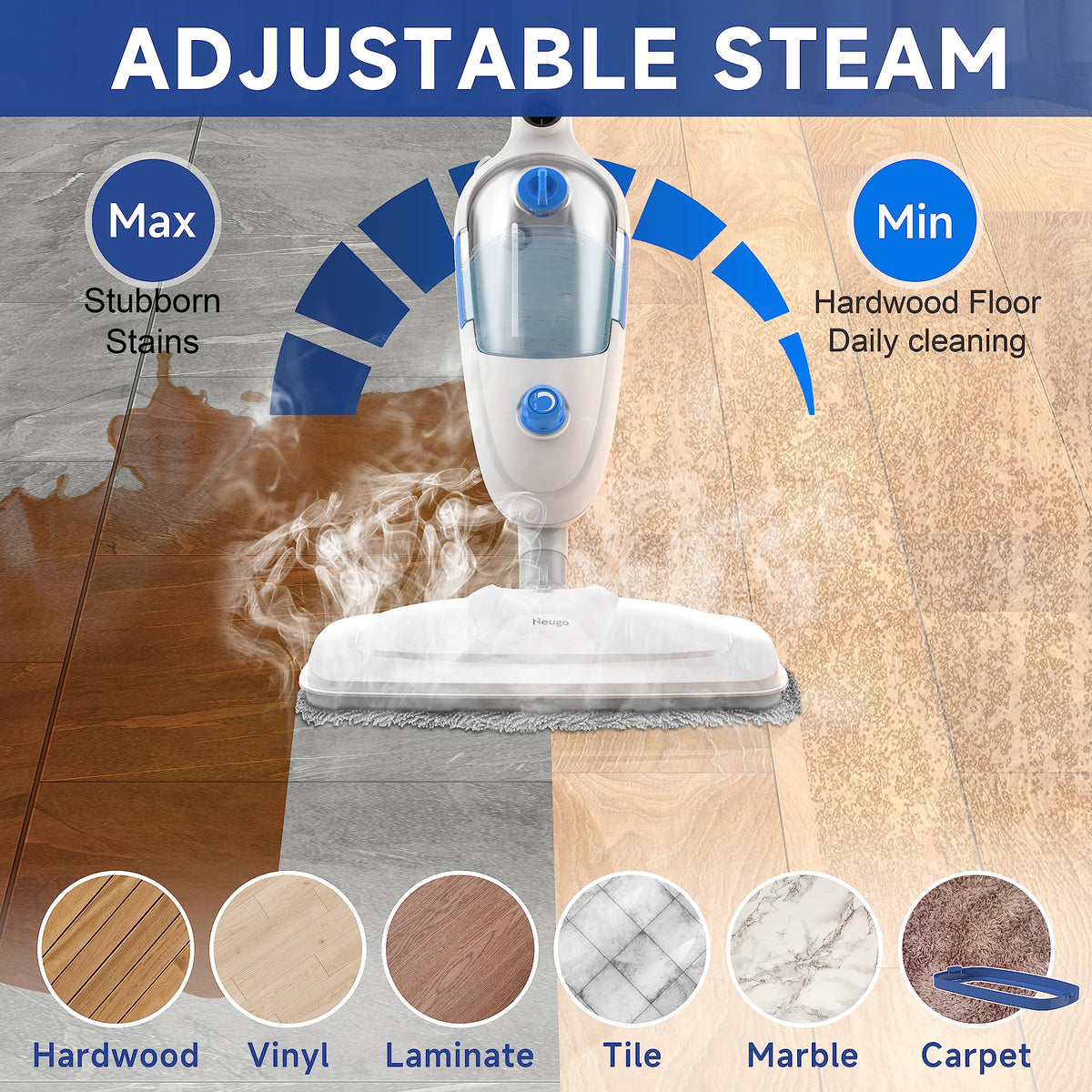 Lightweight Steam Mop with Adjustable Steam Modes, 23ft Cord, 2 Washable Pads U482699